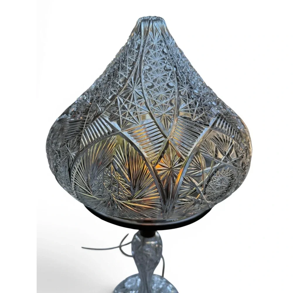 Antique Crystal Glass Base + Shade Table Lamp Brilliant Period